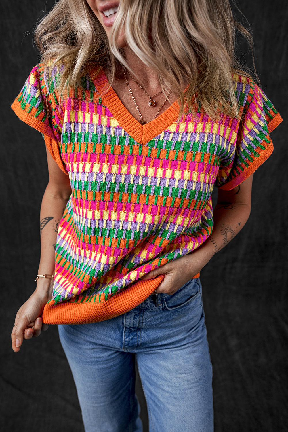 Orange Multi Flutter Sleeve Knitted Sweater Top-Sweaters & Cardigans/Short Sleeve Sweaters-[Adult]-[Female]-2022 Online Blue Zone Planet