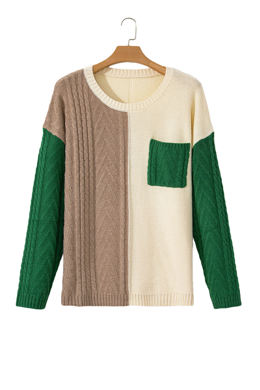 Blue Zone Planet | Mist Green Plus Size Cable Knit Color Block Drop Shoulder Sweater-Plus Size/Plus Size Sweaters & Cardigans-[Adult]-[Female]-2022 Online Blue Zone Planet