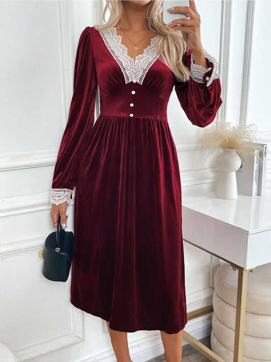 Blue Zone Planet | Perfee Lace Detail V-Neck Long Sleeve Midi Dress-TOPS / DRESSES-[Adult]-[Female]-Burgundy-S-2022 Online Blue Zone Planet