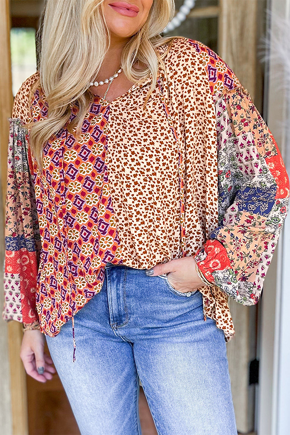 Blue Zone Planet | Orange Floral Geometric Patchwork Lace-up Crewneck Plus Size Blouse-Plus Size/Plus Size Tops/Plus Size Blouses & Shirts-[Adult]-[Female]-2022 Online Blue Zone Planet