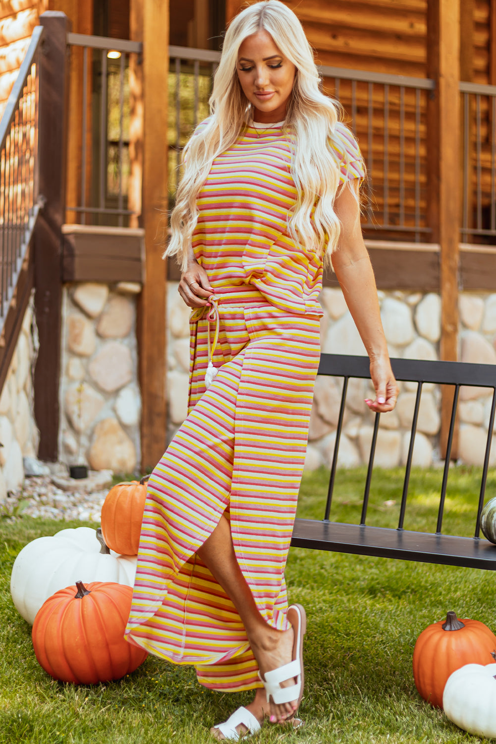 Pink Stripe Rainbow Tee Tasseled String Wide Leg Pants Set-Two Piece Sets/Pant Sets-[Adult]-[Female]-2022 Online Blue Zone Planet