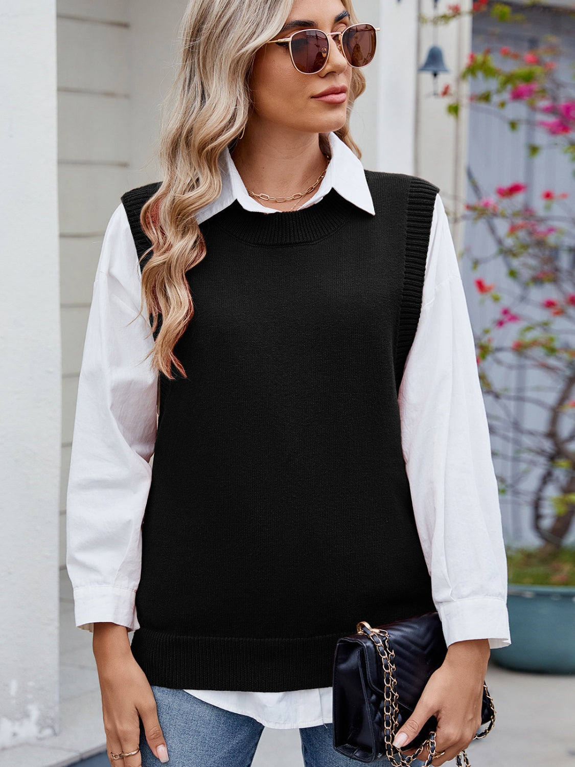 Buttoned Round Neck Sweater Vest-TOPS / DRESSES-[Adult]-[Female]-Black-S-2022 Online Blue Zone Planet