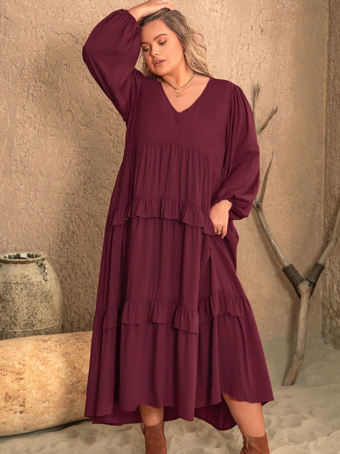 Blue Zone Planet | Plus Size Ruffled V-Neck Long Sleeve Dress-TOPS / DRESSES-[Adult]-[Female]-Burgundy-0XL-2022 Online Blue Zone Planet