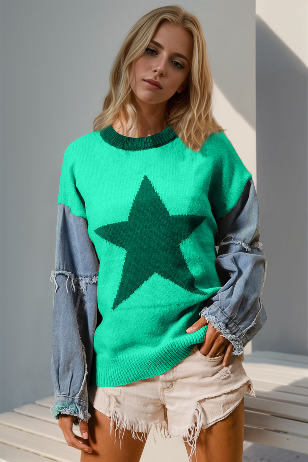 Blue Zone Planet | Double Take Full Size Star Pattern Raw Edge Long Sleeve Sweater-TOPS / DRESSES-[Adult]-[Female]-Tiffany Blue-S/M-2022 Online Blue Zone Planet