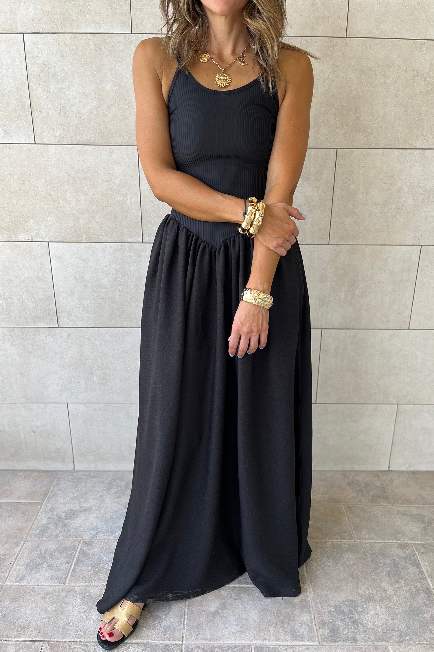 Black Spaghetti Straps Drop Waist Ribbed Patchwork Maxi Dress-Dresses/Maxi Dresses-[Adult]-[Female]-2022 Online Blue Zone Planet
