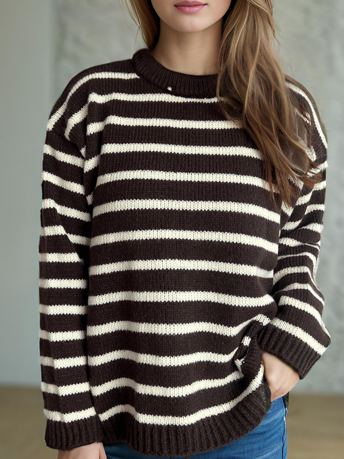 Blue Zone Planet | Striped Round Neck Long Sleeve Sweater-TOPS / DRESSES-[Adult]-[Female]-2022 Online Blue Zone Planet