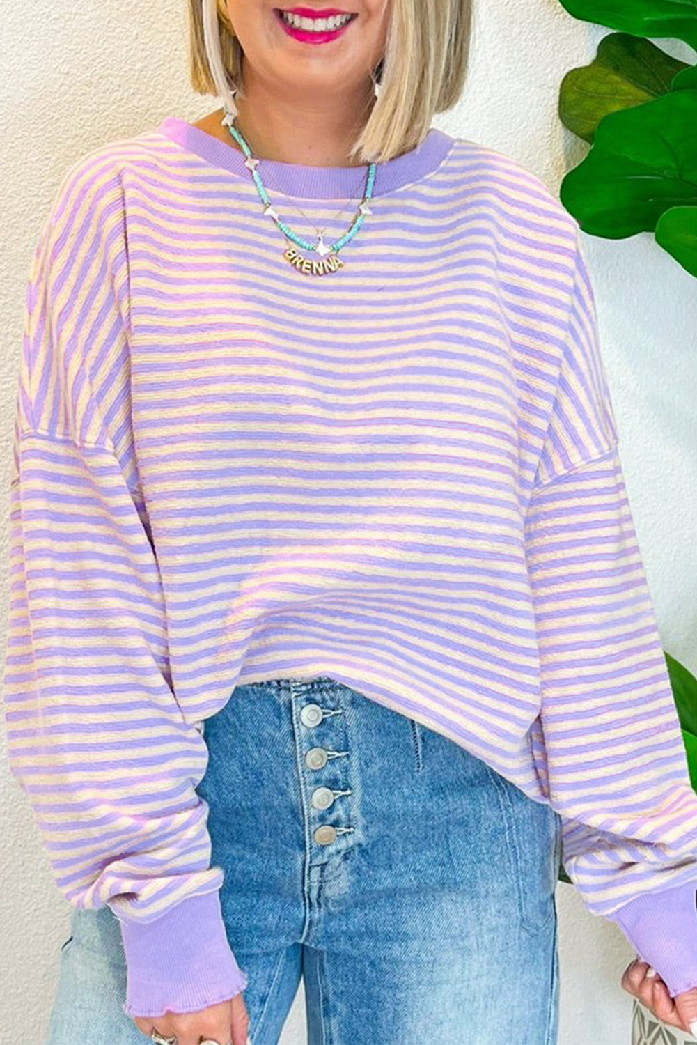 Blue Zone Planet | Green Stripe Drop Shoulder Long Sleeve Top-Long Sleeve Tops-[Adult]-[Female]-Purple Stripe-S-2022 Online Blue Zone Planet