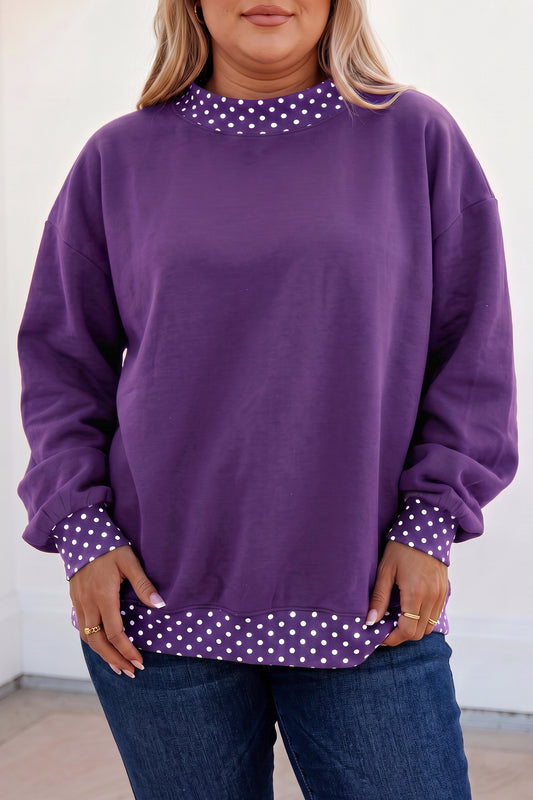 Tillandsia Purple Polka Dot Patchwork Round Neck Plus Size Sweatshirt-Plus Size/Plus Size Sweatshirts & Hoodies-[Adult]-[Female]-Tillandsia Purple-1X-2022 Online Blue Zone Planet