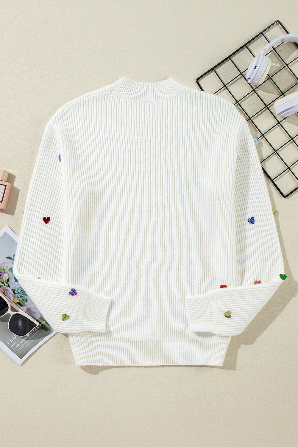 Blue Zone Planet | Beige Sequin Heart Shape Waffle Knit Round Neck Sweater-Sweaters & Cardigans/Sweaters-[Adult]-[Female]-2022 Online Blue Zone Planet