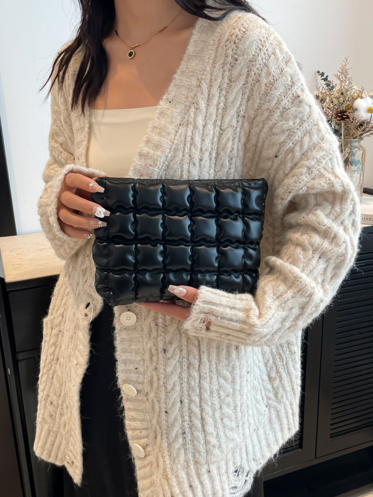 Quilted Plaid Clutch with Zipper-HANDBAGS-[Adult]-[Female]-2022 Online Blue Zone Planet