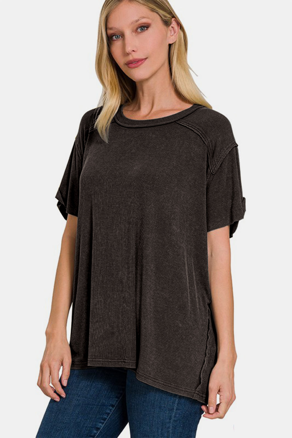 Zenana Washed Ribbed Short Sleeve Top-TOPS / DRESSES-[Adult]-[Female]-2022 Online Blue Zone Planet