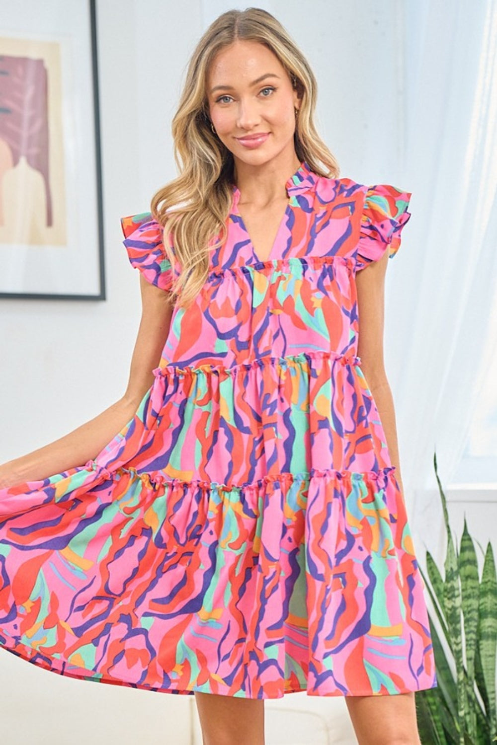 First Love Full Size Printed Ruffle Cap Sleeve Tiered Dress-TOPS / DRESSES-[Adult]-[Female]-Multi-S-2022 Online Blue Zone Planet