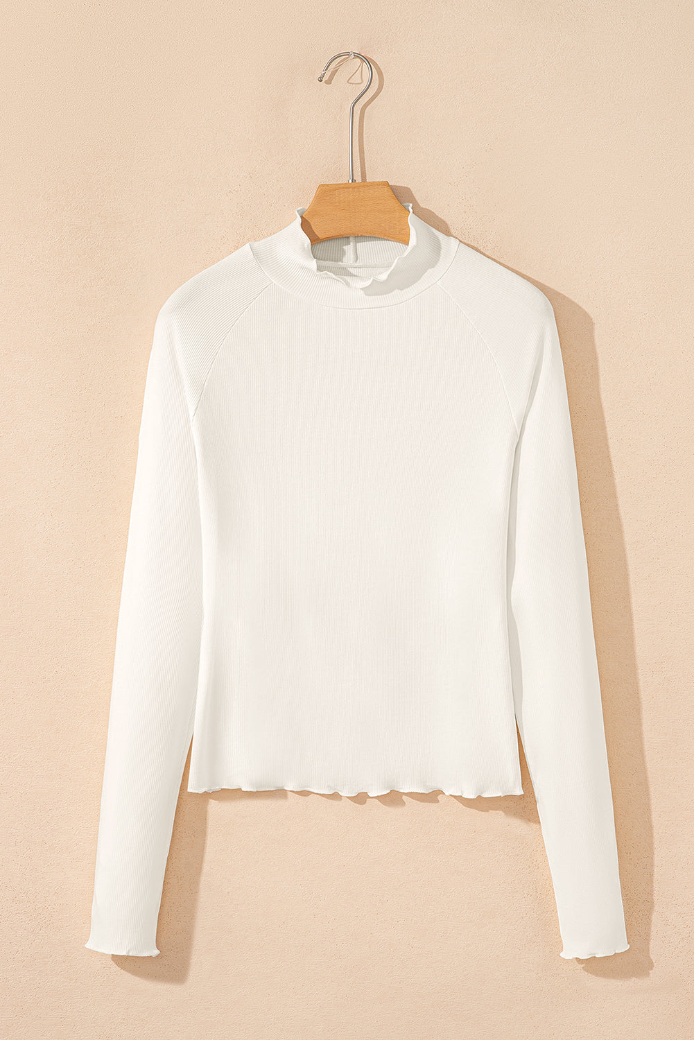 White Ribbed Knit Lettuce Trim High Neck Long Sleeve Top-TOPS / DRESSES-[Adult]-[Female]-2022 Online Blue Zone Planet