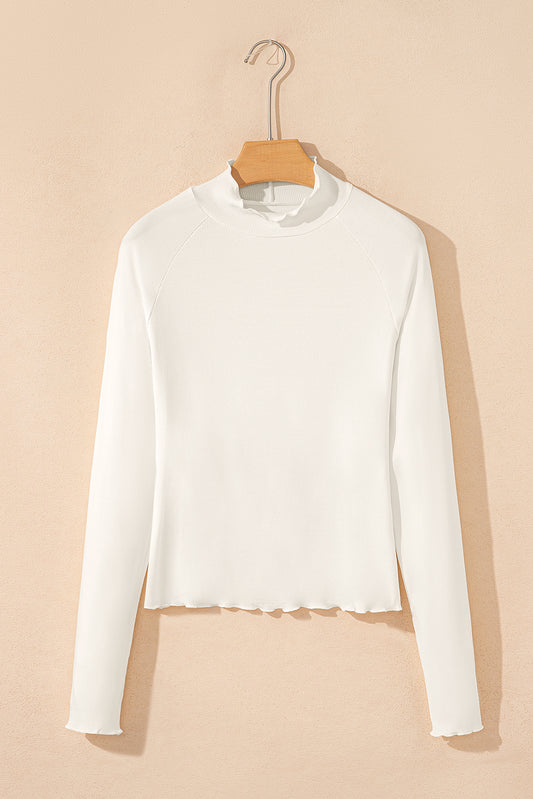 White Ribbed Knit Lettuce Trim High Neck Long Sleeve Top-TOPS / DRESSES-[Adult]-[Female]-2022 Online Blue Zone Planet