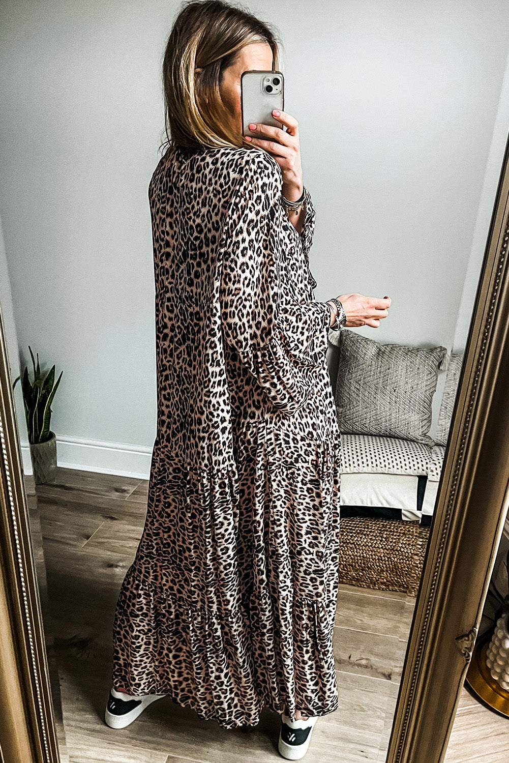 Apricot Leopard Print Tiered Wide Sleeve Maxi Dress-Dresses/Maxi Dresses-[Adult]-[Female]-2022 Online Blue Zone Planet