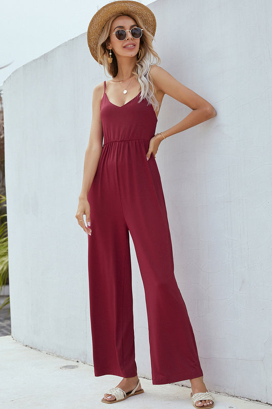 V-Neck Spaghetti Strap Wide Leg Jumpsuit-TOPS / DRESSES-[Adult]-[Female]-Burgundy-S-2022 Online Blue Zone Planet