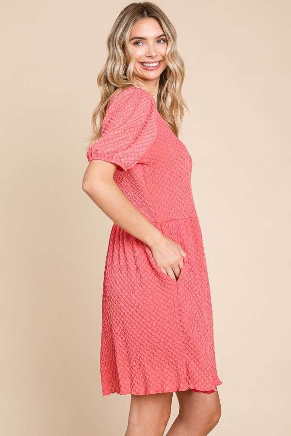 Culture Code Full Size Textured Round Neck Puff Sleeve Dress-TOPS / DRESSES-[Adult]-[Female]-2022 Online Blue Zone Planet