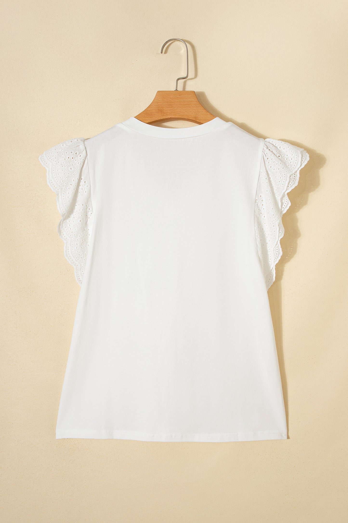 White Eyelet Embroidered Flutter Sleeve Patchwork V Neck Tee-Tops/Tops & Tees-[Adult]-[Female]-2022 Online Blue Zone Planet