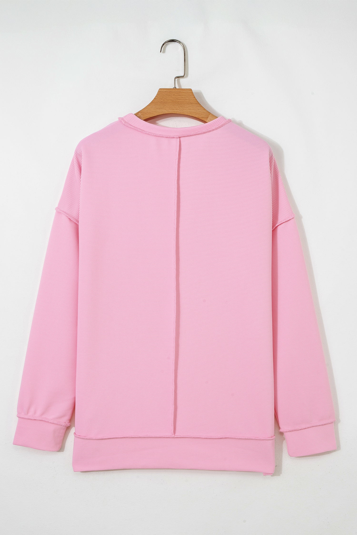 Pink Horizontal Ribbed Exposed Seam Detail Drop Shoulder Baggy Pullover-Tops/Long Sleeve Tops-[Adult]-[Female]-2022 Online Blue Zone Planet