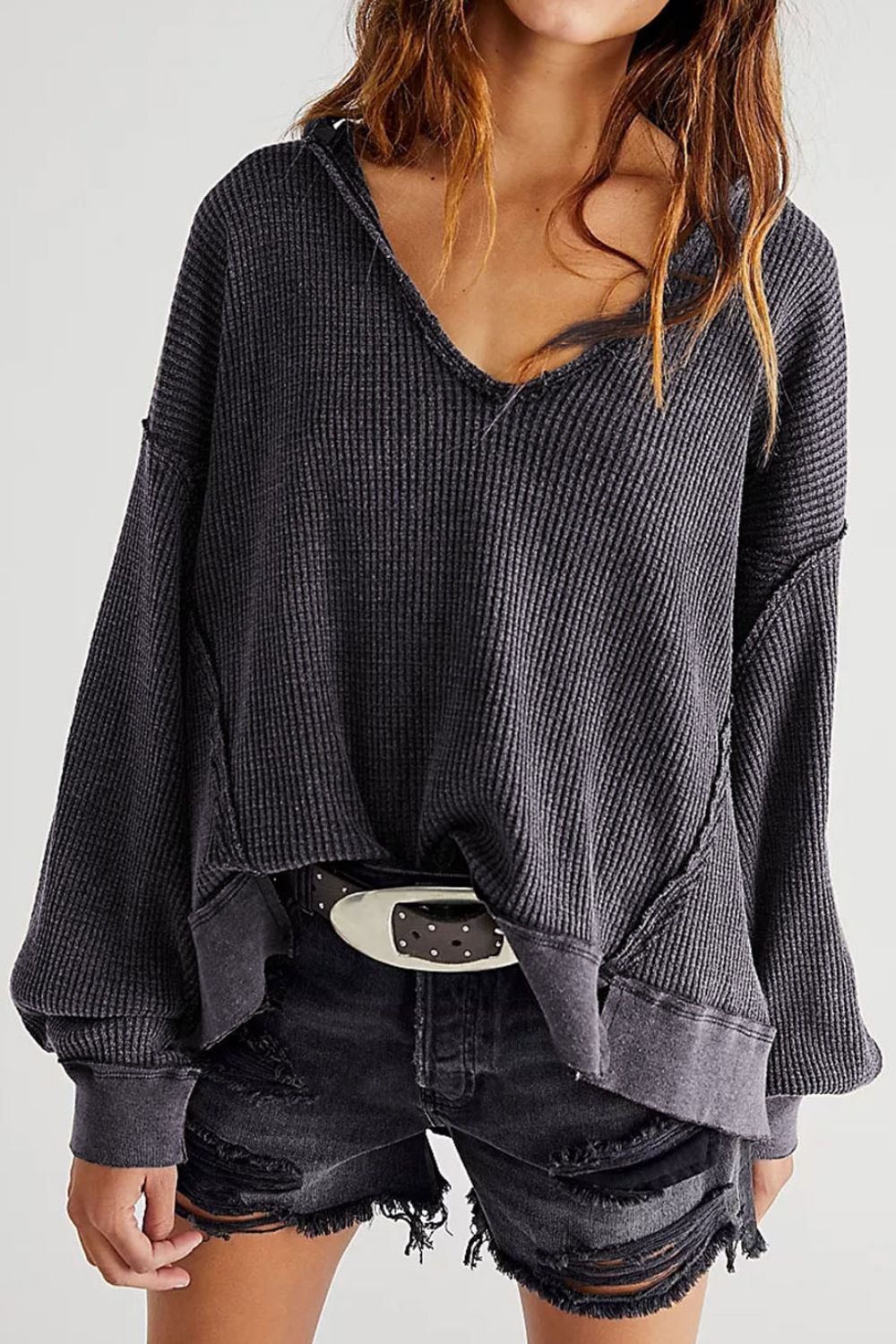 Waffle-Knit Notched Long Sleeve Sweatshirt-TOPS / DRESSES-[Adult]-[Female]-Dark Gray-S-2022 Online Blue Zone Planet