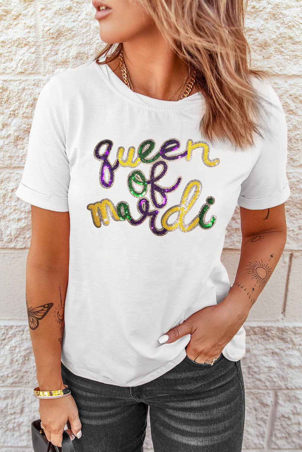 White queen of mardi Sequin Letter Graphic T Shirt-Graphic/Graphic Tees-[Adult]-[Female]-2022 Online Blue Zone Planet