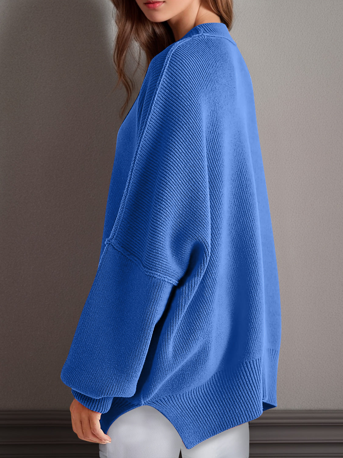 Blue Zone Planet | Double Take Side Slit Round Neck Long Sleeve Sweater-TOPS / DRESSES-[Adult]-[Female]-2022 Online Blue Zone Planet