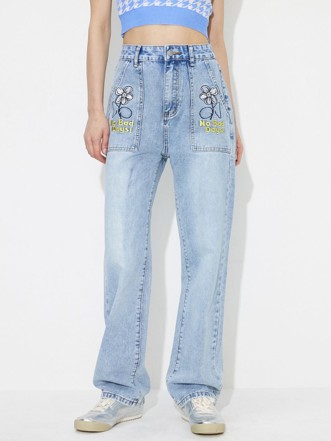 Flower High Rise Straight Leg Jeans with Pockets-BOTTOMS SIZES SMALL MEDIUM LARGE-[Adult]-[Female]-2022 Online Blue Zone Planet