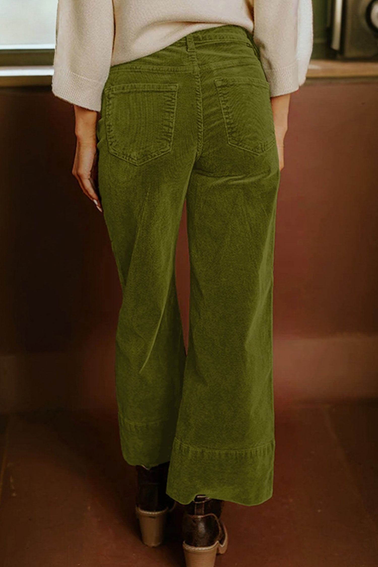 Vineyard Green Corduroy Solid Color High Waist Wide Leg Pants-Bottoms/Pants & Culotte-[Adult]-[Female]-2022 Online Blue Zone Planet