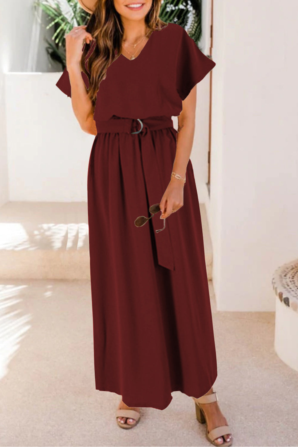 Ruched V-Neck Cap Sleeve Dress-TOPS / DRESSES-[Adult]-[Female]-Burgundy-S-2022 Online Blue Zone Planet