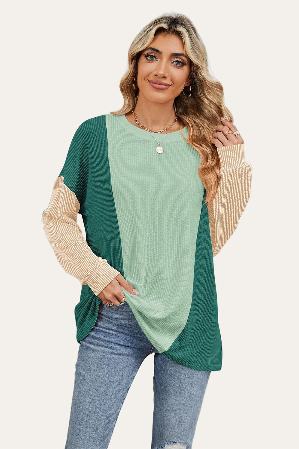 Double Take Texture Contrast Round Neck Long Sleeve T-Shirt-TOPS / DRESSES-[Adult]-[Female]-Dark Green-S-2022 Online Blue Zone Planet