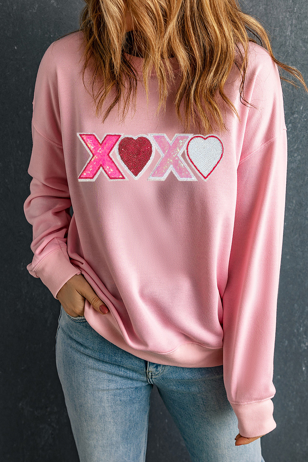 Pink Sequin Heart XOXO Graphic Drop Shoulder Valentines Sweatshirt-Graphic Sweatshirts-[Adult]-[Female]-2022 Online Blue Zone Planet