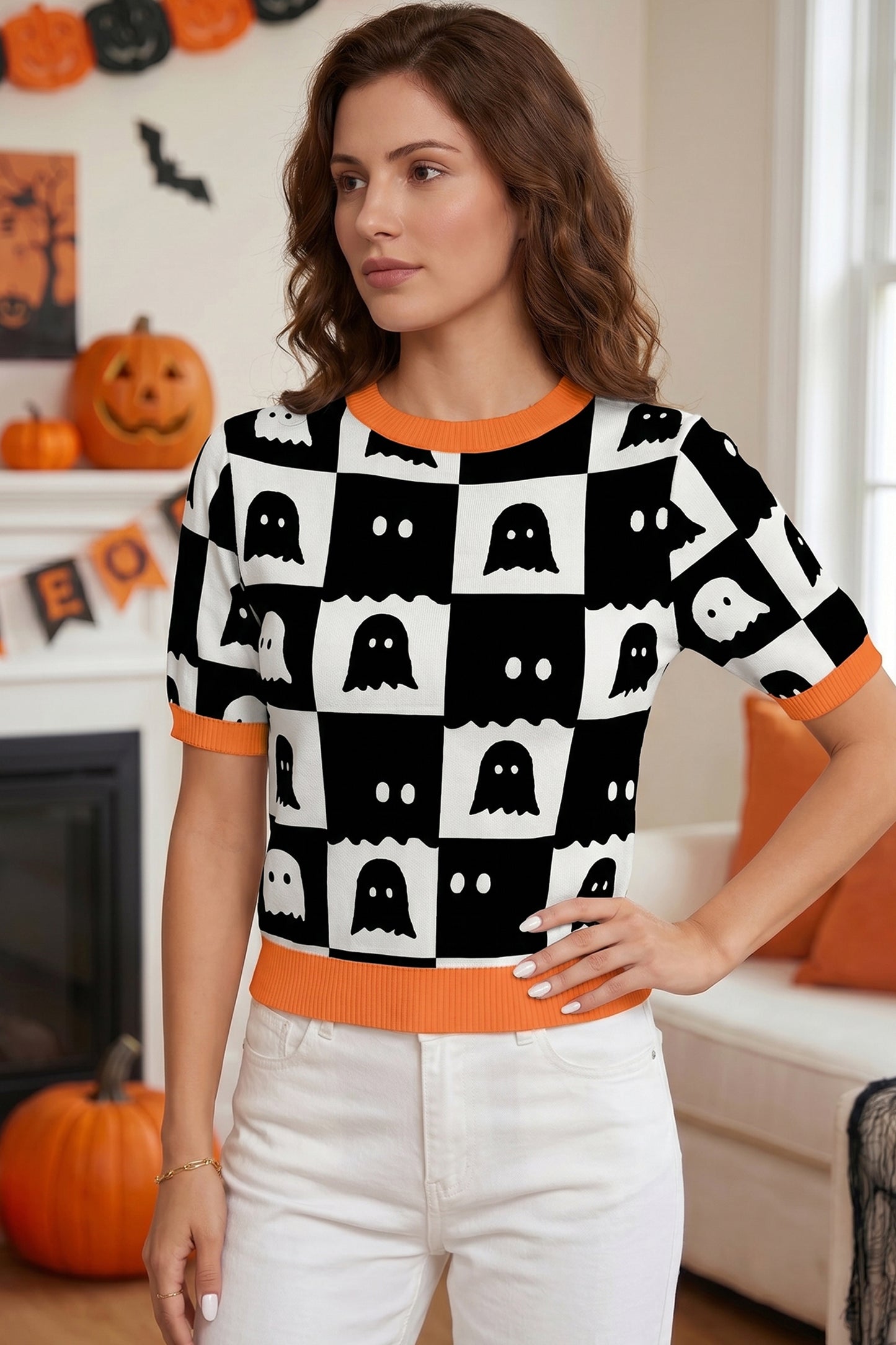 White Geometric Ghost Color Block Trim Short Sleeve Knit Sweater-Sweaters & Cardigans/Short Sleeve Sweaters-[Adult]-[Female]-2022 Online Blue Zone Planet