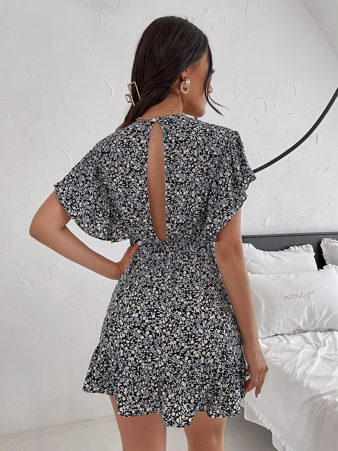 Cutout Ditsy Floral Surplice Flounce Sleeve Dress-TOPS / DRESSES-[Adult]-[Female]-2022 Online Blue Zone Planet