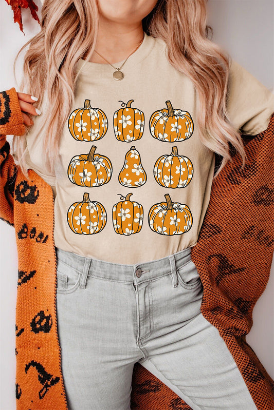 Khaki Floral Pumpkin Print Casual T Shirt-Graphic/Graphic Tees-[Adult]-[Female]-Khaki-S-2022 Online Blue Zone Planet