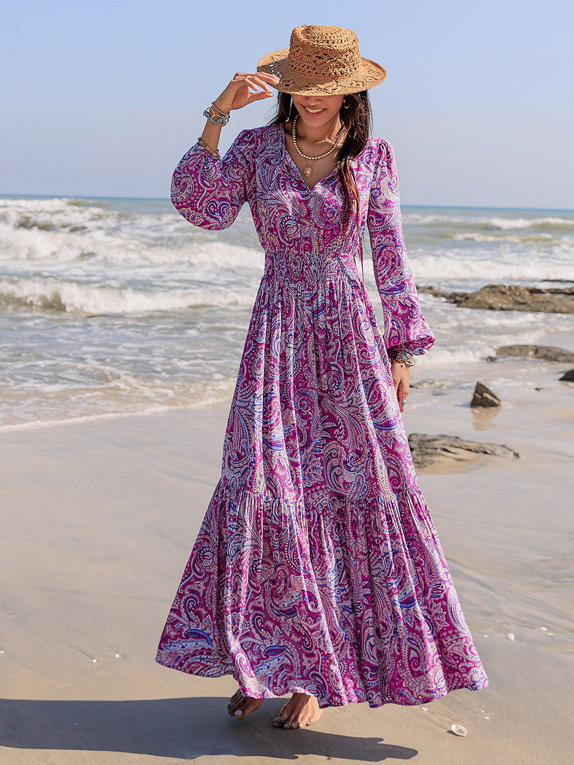 Printed Tie Neck Balloon Sleeve Maxi Dress-TOPS / DRESSES-[Adult]-[Female]-2022 Online Blue Zone Planet