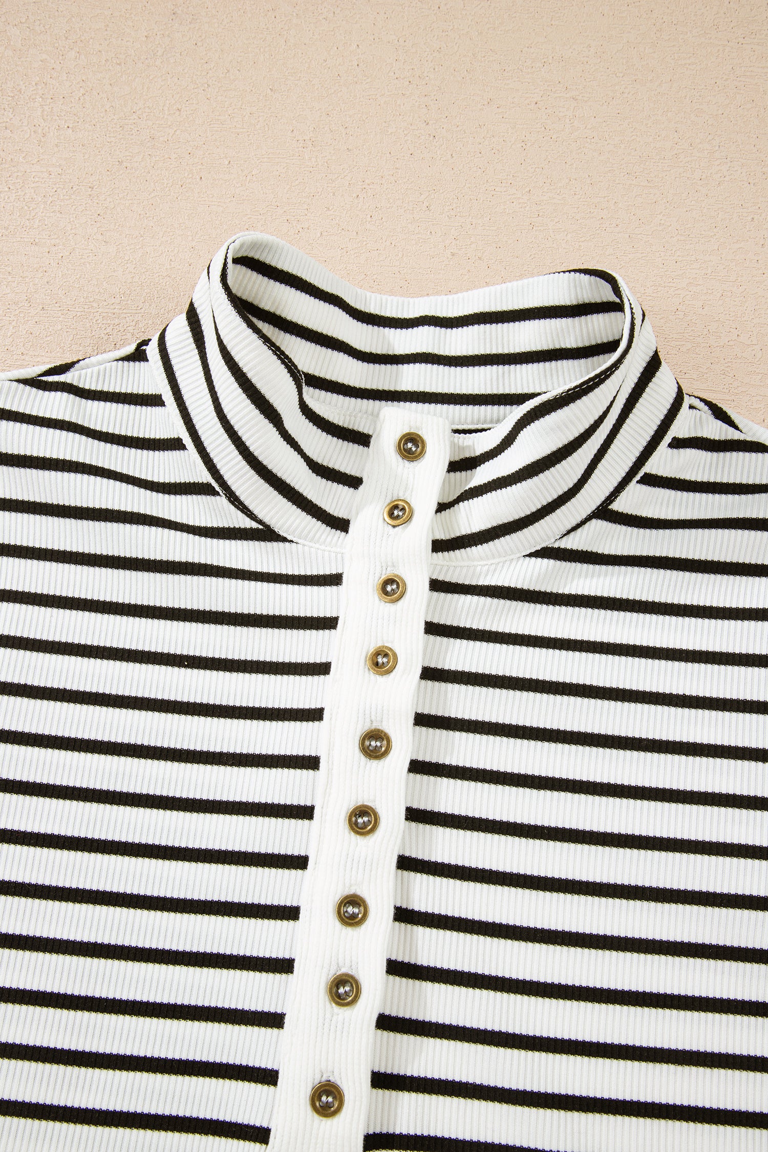 Black Stripe Ribbed Knit Half Button Long Sleeve Slim Top-Tops/Long Sleeve Tops-[Adult]-[Female]-2022 Online Blue Zone Planet