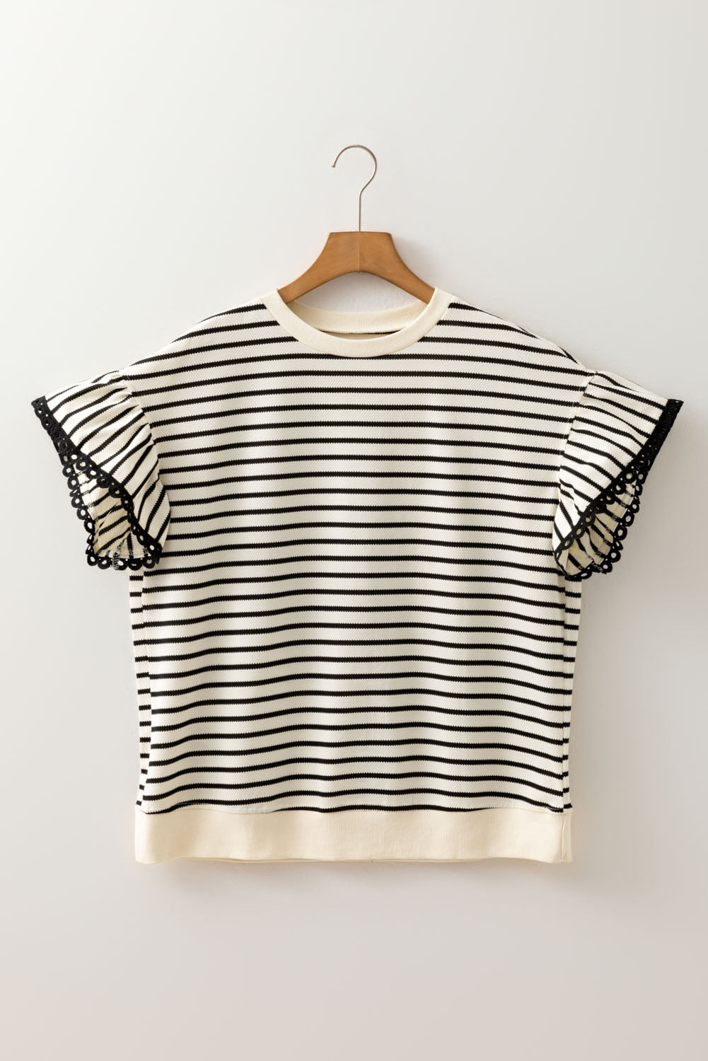 Black Stripe Eyelet Trimmed Ruffled Short Sleeve Plus Size Top-Plus Size/Plus Size Tops/Plus Size Tops & Tees-[Adult]-[Female]-2022 Online Blue Zone Planet