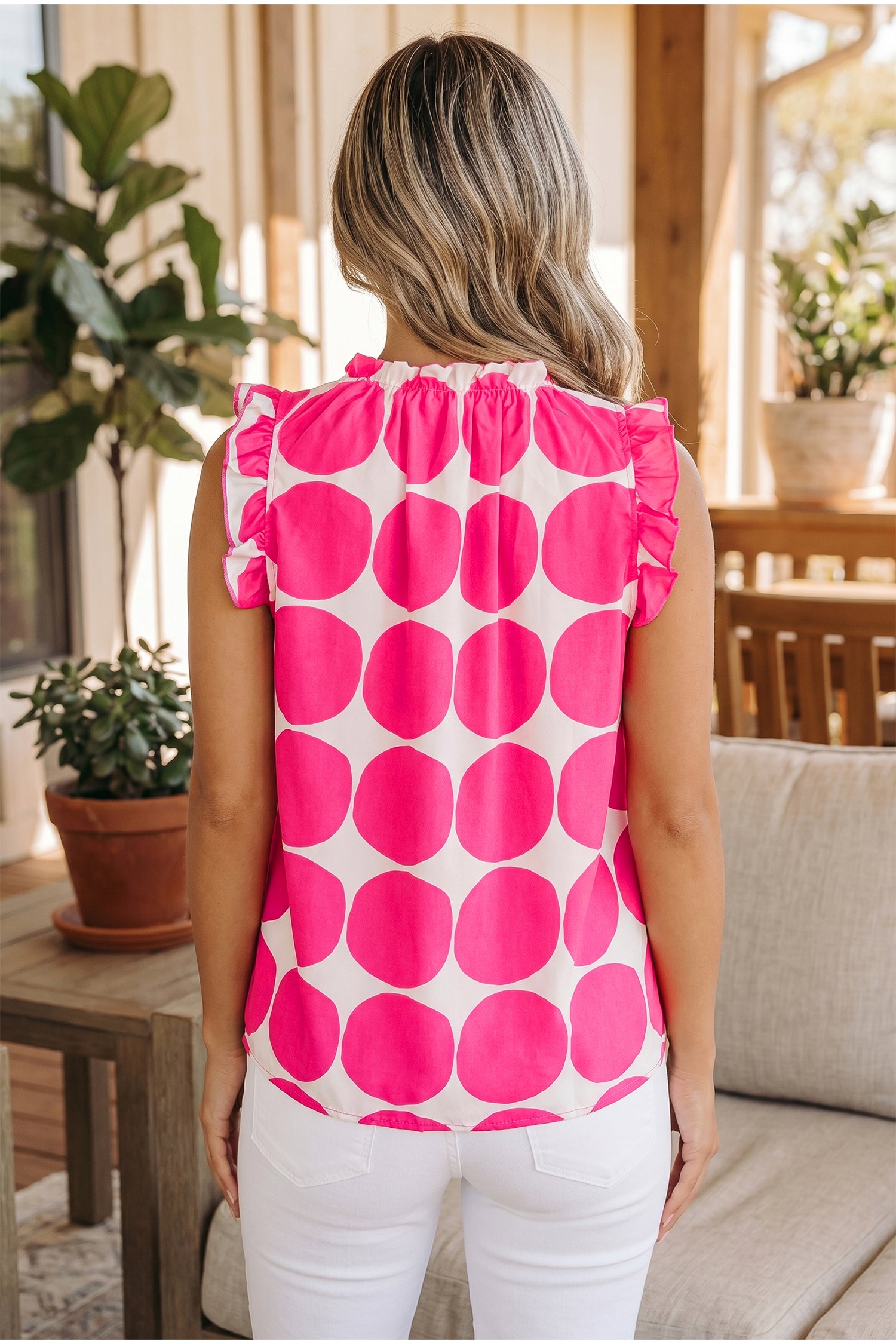 Blue Polka Dot Print Frilled Round Neck Shift Tank Top-Tops/Tank Tops-[Adult]-[Female]-2022 Online Blue Zone Planet
