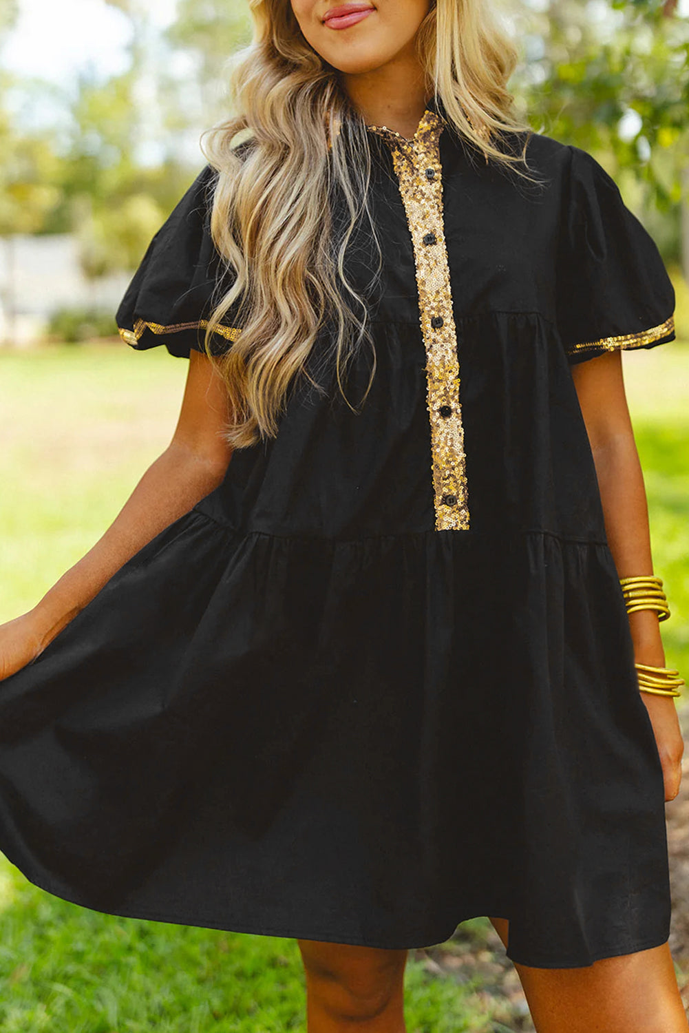 Blue Zone Planet | Black Sequin Trim Bubble Sleeve Game Day Shirt Black / XL / 50%Polyester+50%Viscose by Blue Zone Planet Blue Zone Planet | Black Sequin Trim Bubble Sleeve Game Day Shirt Black / XL / 50%Polyester+50%Viscose by Blue Zone Planet