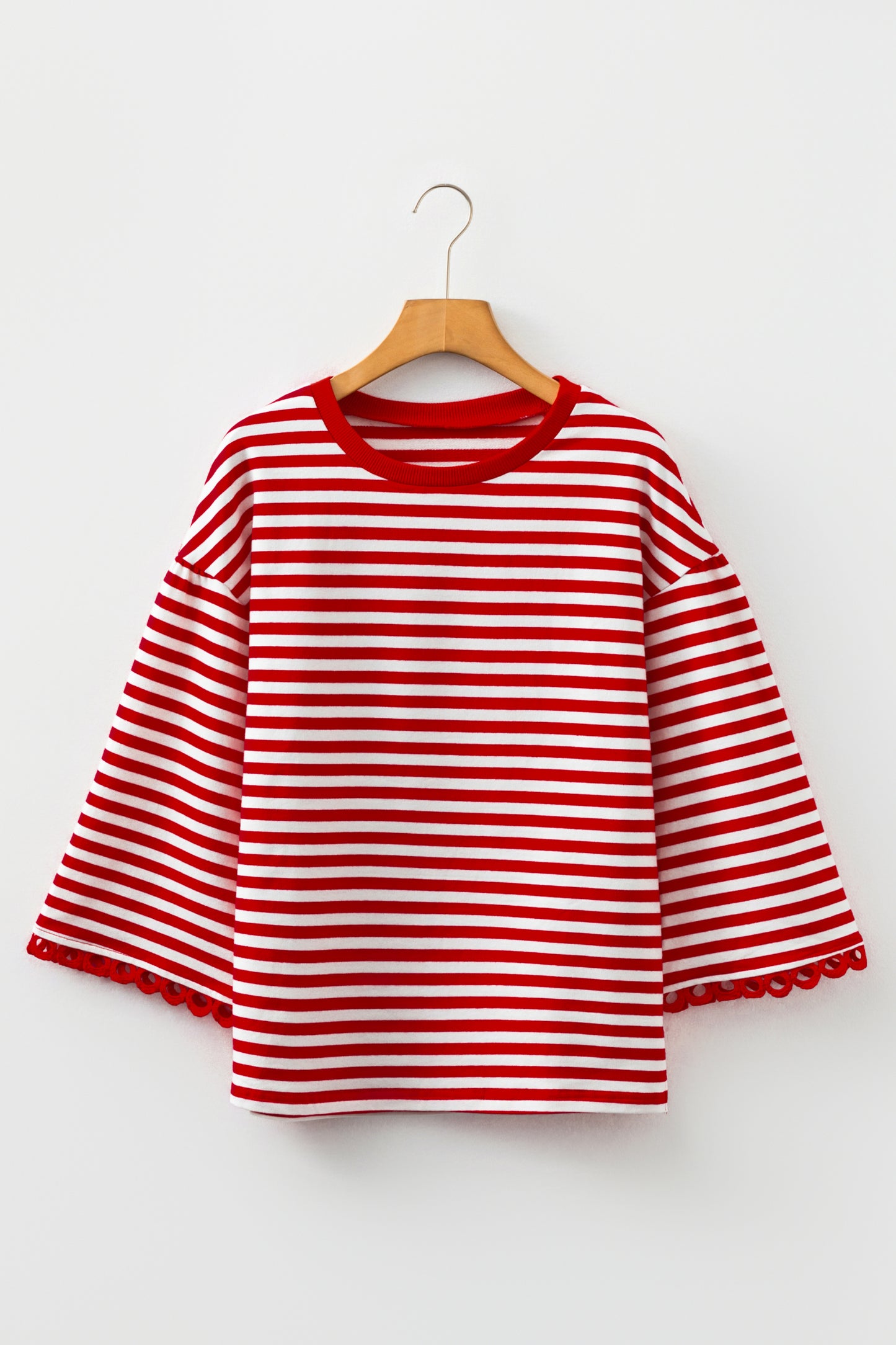 Sachet Pink Striped Print Drop Shoulder Lace Trim Bracelet Sleeve Loose Top-Bracelet-[Adult]-[Female]-2022 Online Blue Zone Planet