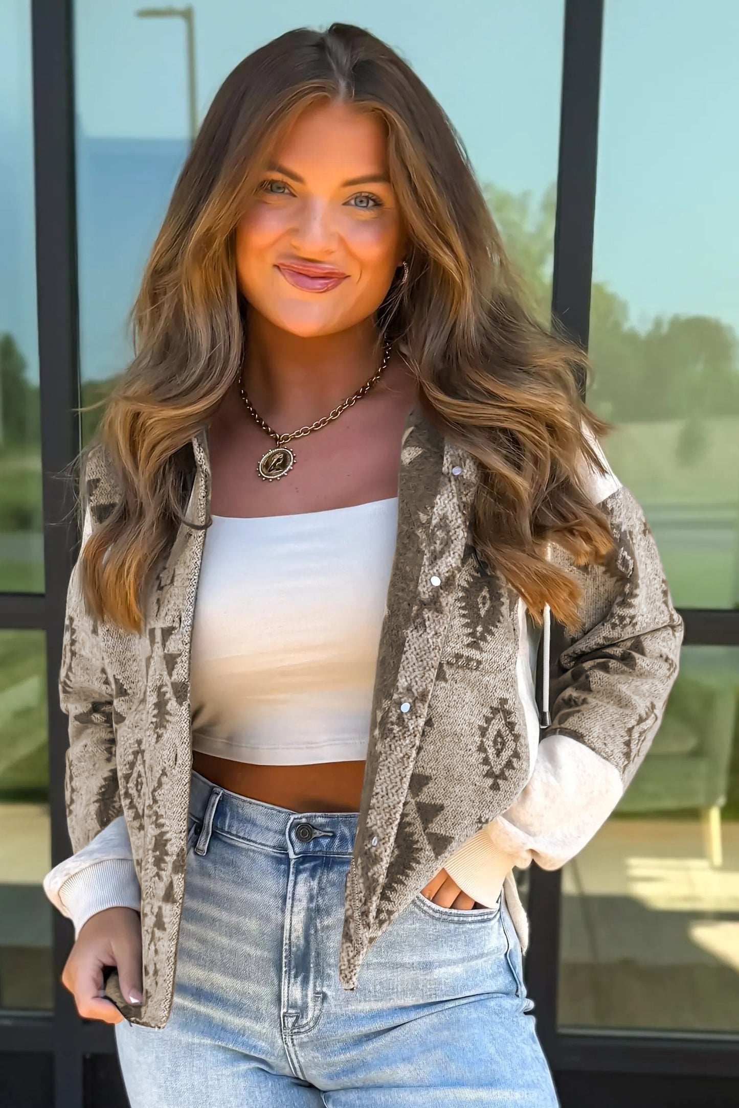 Gray Western Aztec Print Color Block Patchwork Drawstring Hooded Shacket-Outerwear/Jackets-[Adult]-[Female]-2022 Online Blue Zone Planet