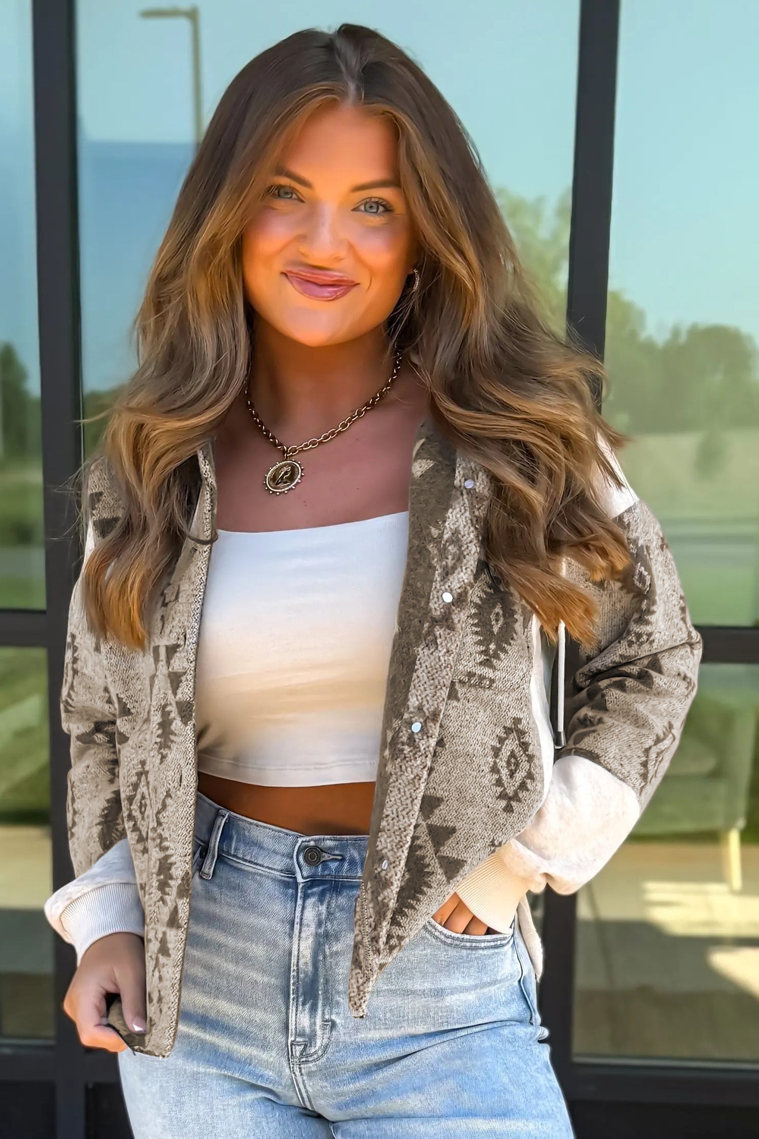 Gray Western Aztec Print Color Block Patchwork Drawstring Hooded Shacket-Outerwear/Jackets-[Adult]-[Female]-2022 Online Blue Zone Planet