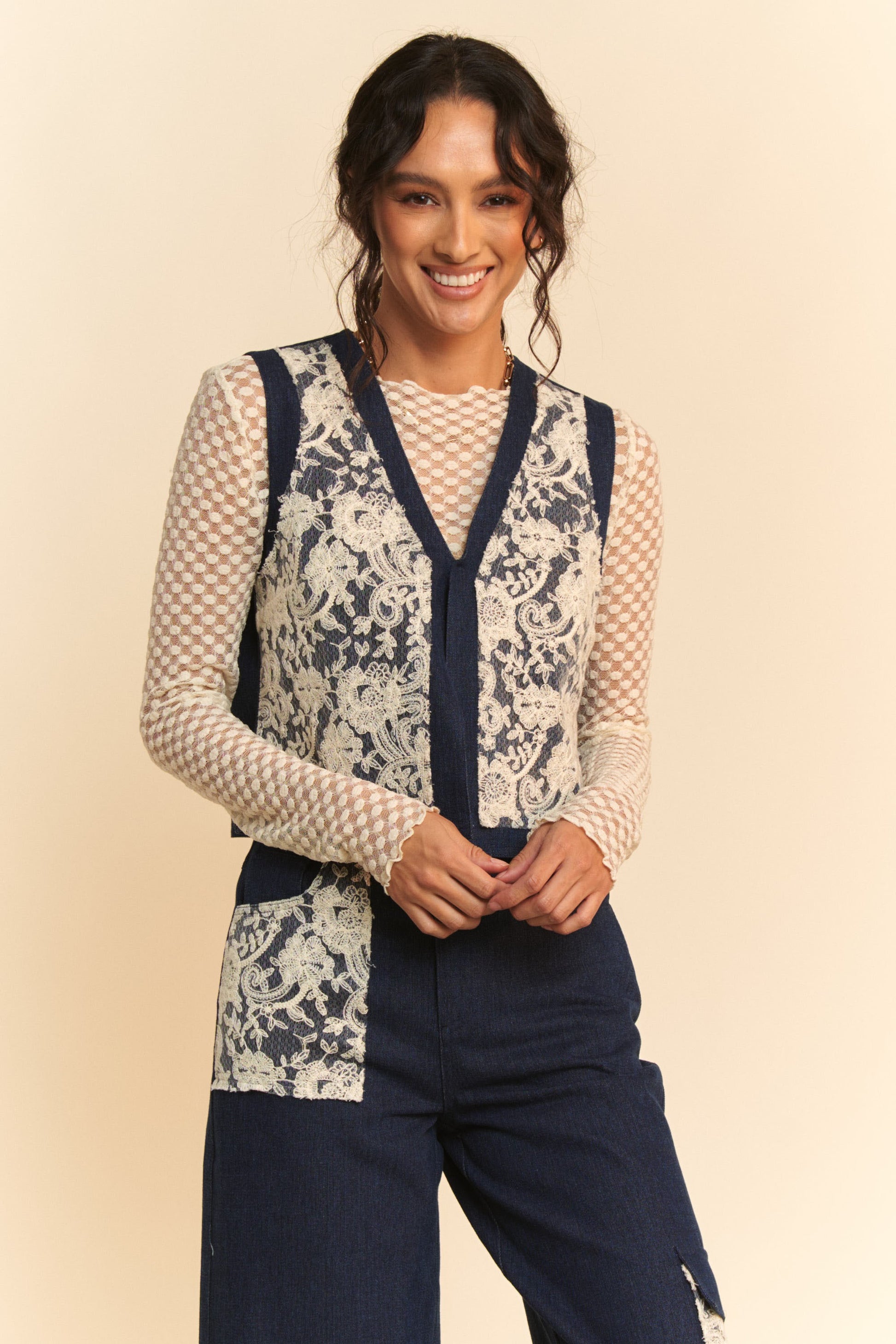 Davi & Dani Lace Patch Open Front Denim Vest-TOPS / DRESSES-[Adult]-[Female]-2022 Online Blue Zone Planet