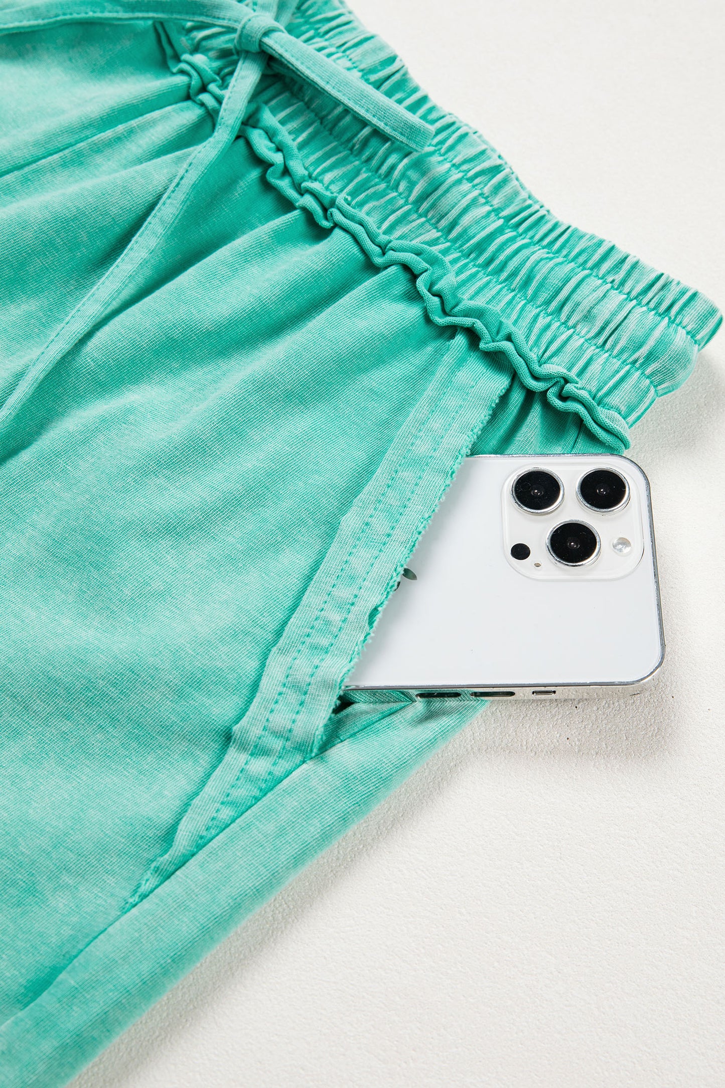 Sea Green Mineral Washed Drawstring Elastic Waist Raw Cut Shorts-Bottoms/Casual Shorts-[Adult]-[Female]-2022 Online Blue Zone Planet