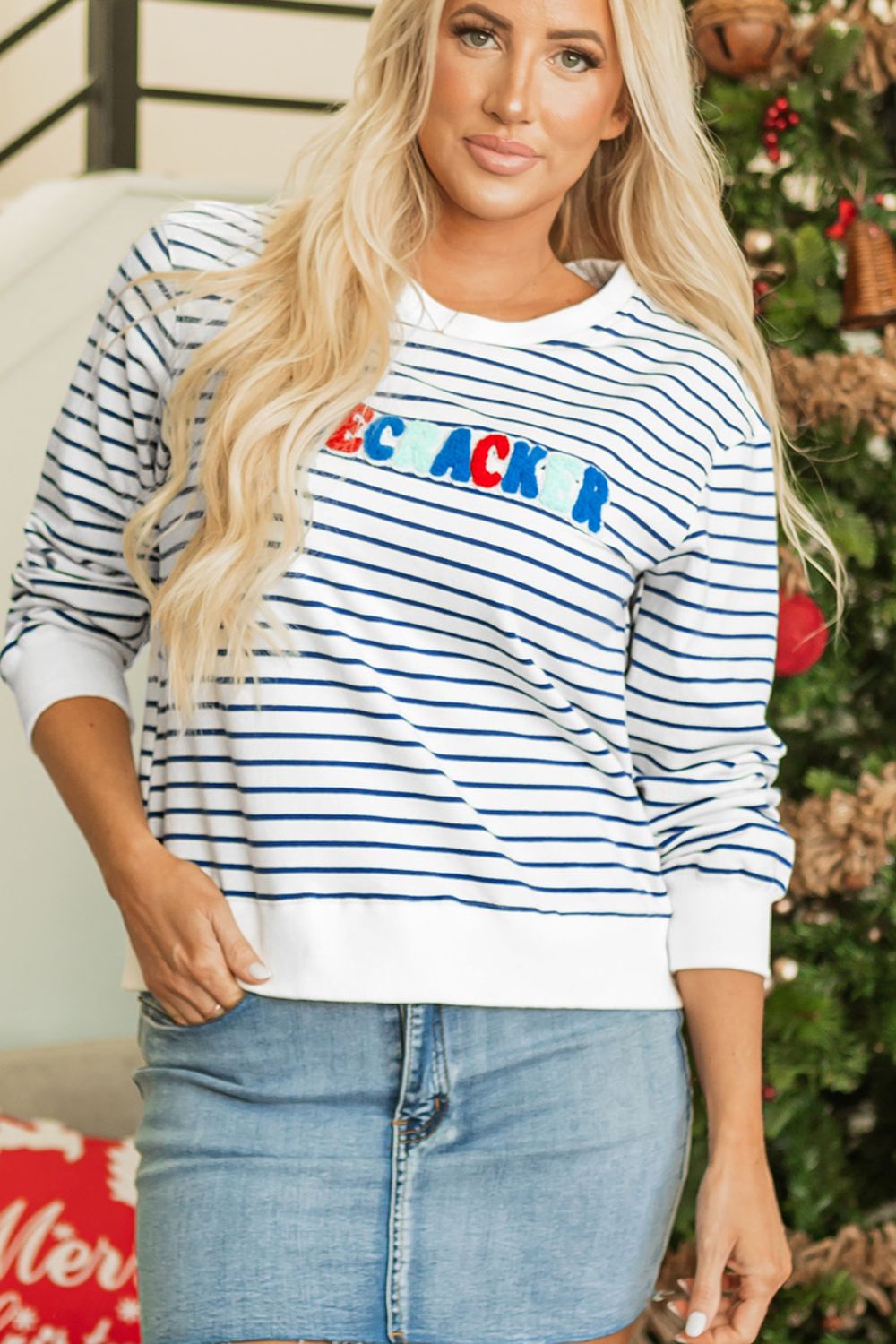 FIRECRACKER Striped Round Neck Long Sleeve Sweatshirt-TOPS / DRESSES-[Adult]-[Female]-2022 Online Blue Zone Planet