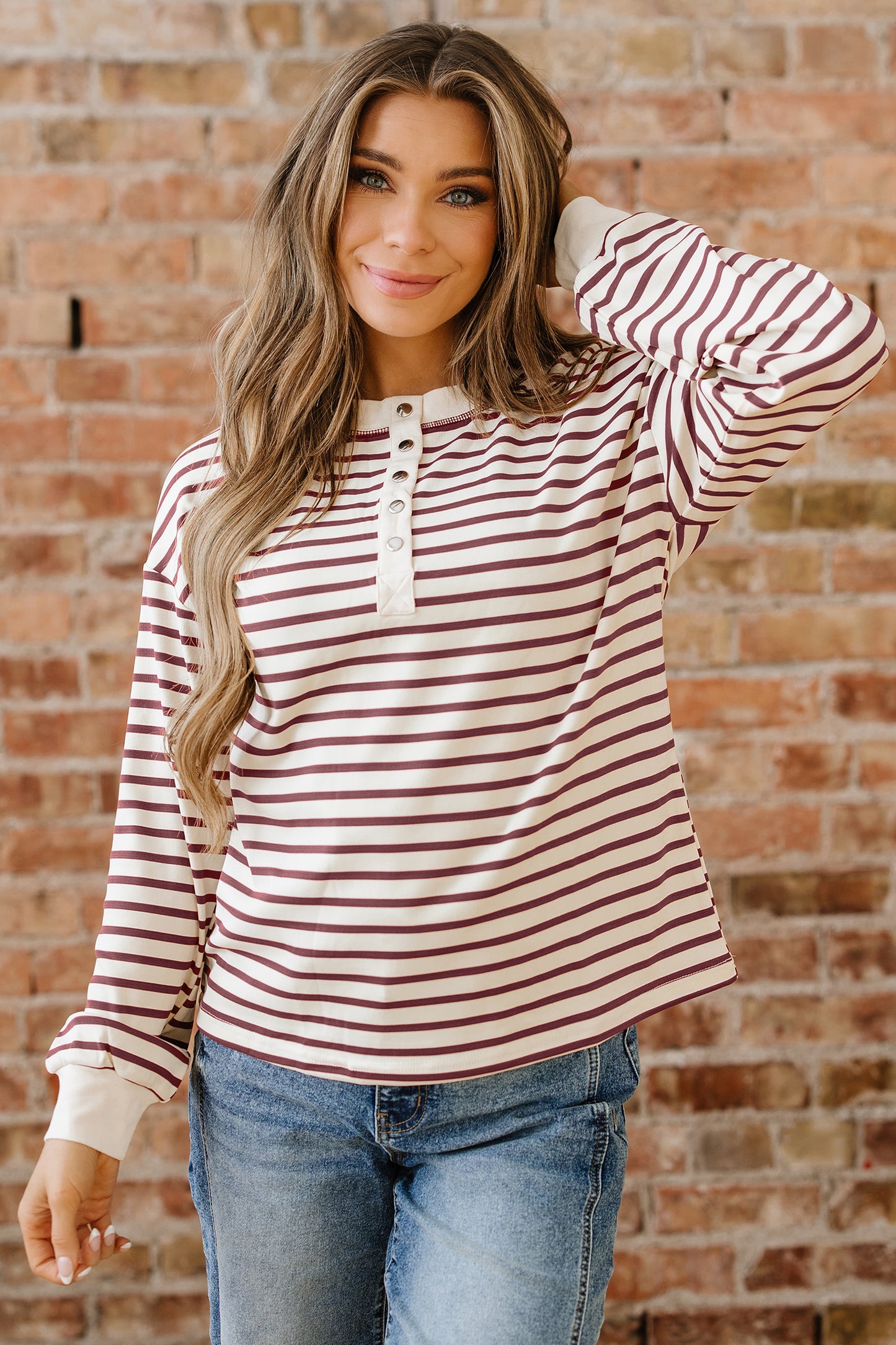 Red Dahlia Striped Print Drop Shoulder Long Sleeve Henley Top-Tops/Long Sleeve Tops-[Adult]-[Female]-2022 Online Blue Zone Planet