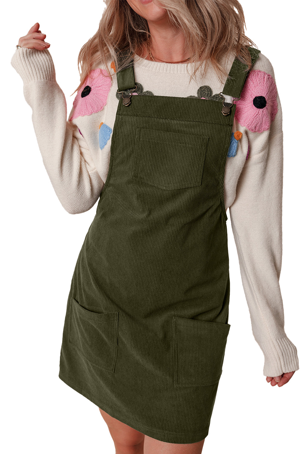 Blue Zone Planet | Vineyard Green Solid Front Pockets Sleeveless Corduroy Overall Dress-TOPS / DRESSES-[Adult]-[Female]-2022 Online Blue Zone Planet