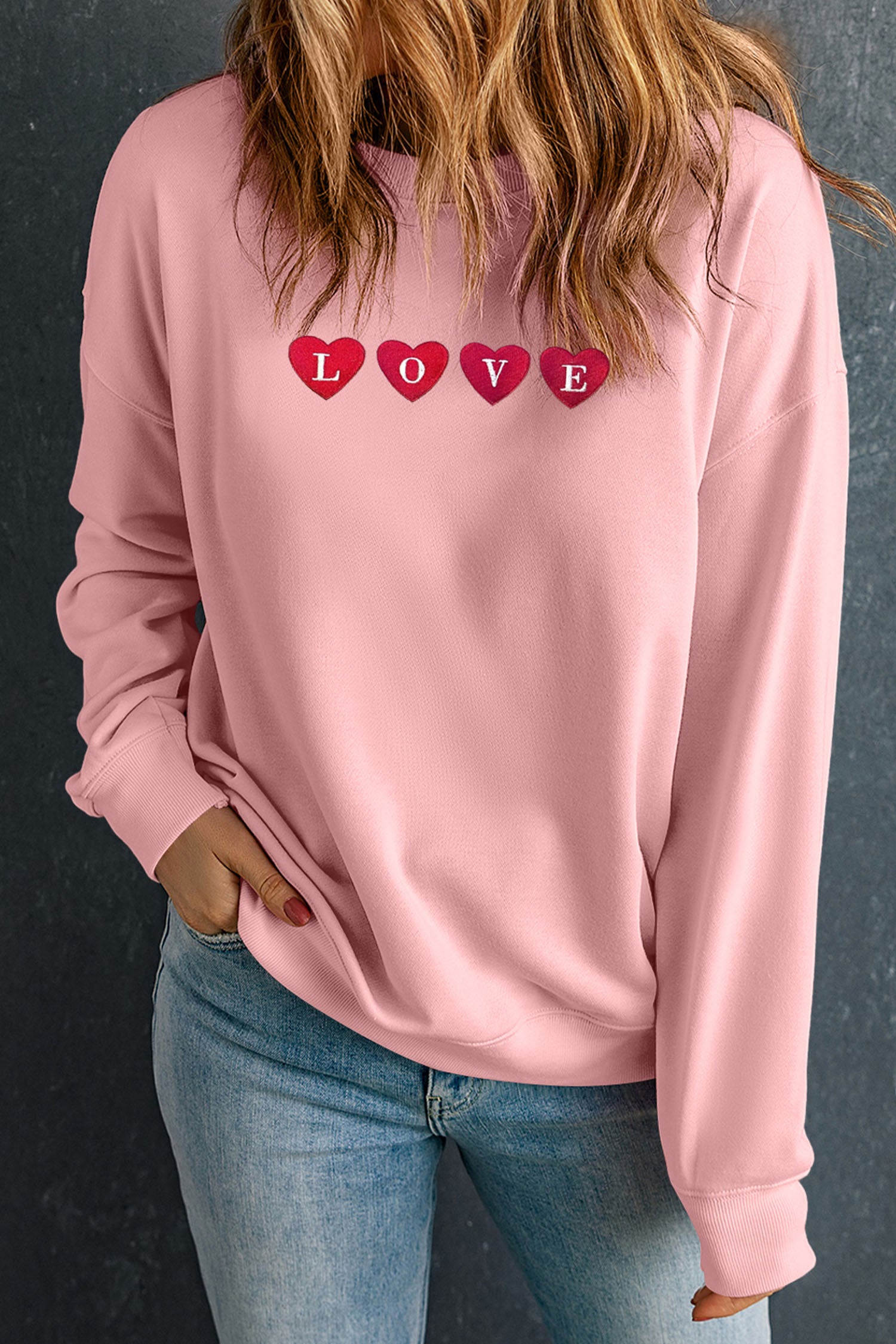 Pink LOVE In Hearts Embroidered Graphic Sweatshirt-Graphic Sweatshirts-[Adult]-[Female]-2022 Online Blue Zone Planet