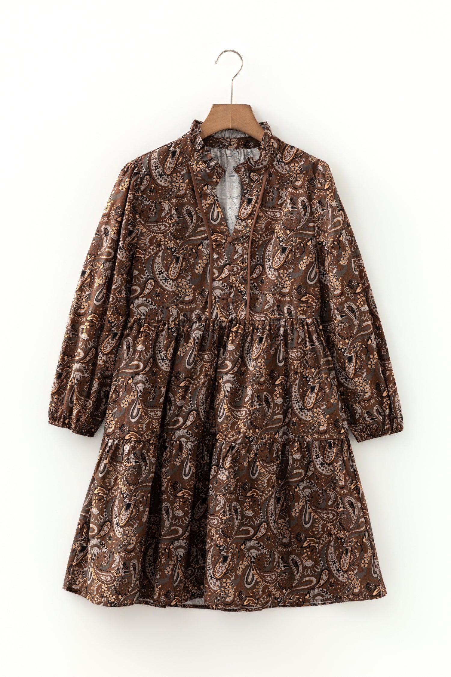 Brown Paisley Print Half Buttons Puff Sleeve Flowy Short Dress-TOPS / DRESSES-[Adult]-[Female]-2022 Online Blue Zone Planet