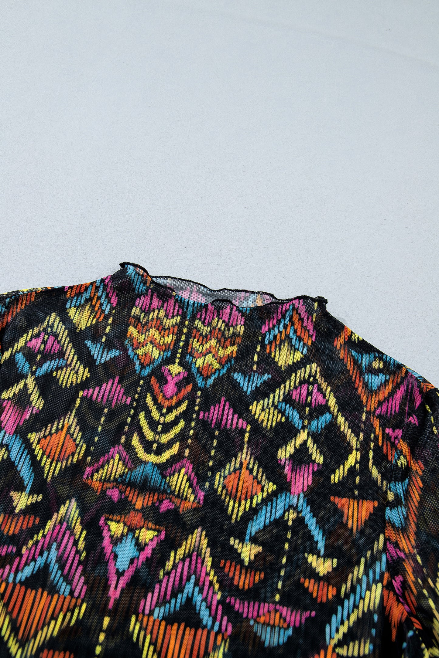 Color Black Abstract Print Long Sleeve Stand Neck Mesh Top-Tops/Long Sleeve Tops-[Adult]-[Female]-2022 Online Blue Zone Planet